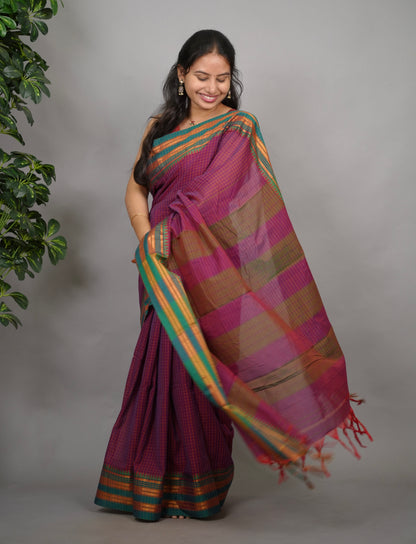 Magenta Checks Narayanpet Cotton Saree with Traditional contrast Border | Looms & Tassels