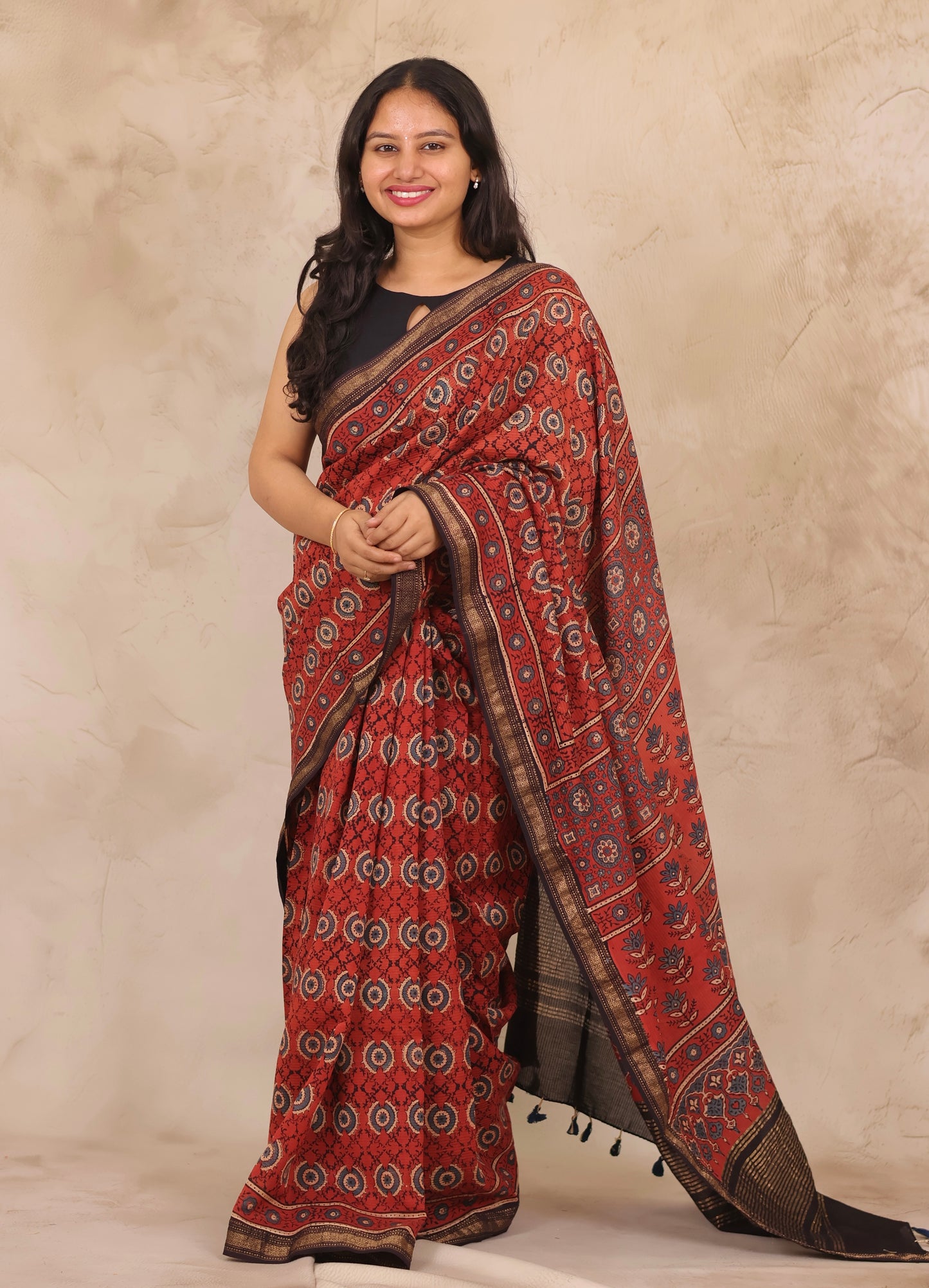 Maheswari Silk Cotton Ajrakh Handblock Printed Saree | Looms & Tassels