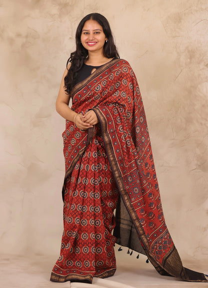 Maheswari Silk Cotton Ajrakh Handblock Printed Saree | Looms & Tassels