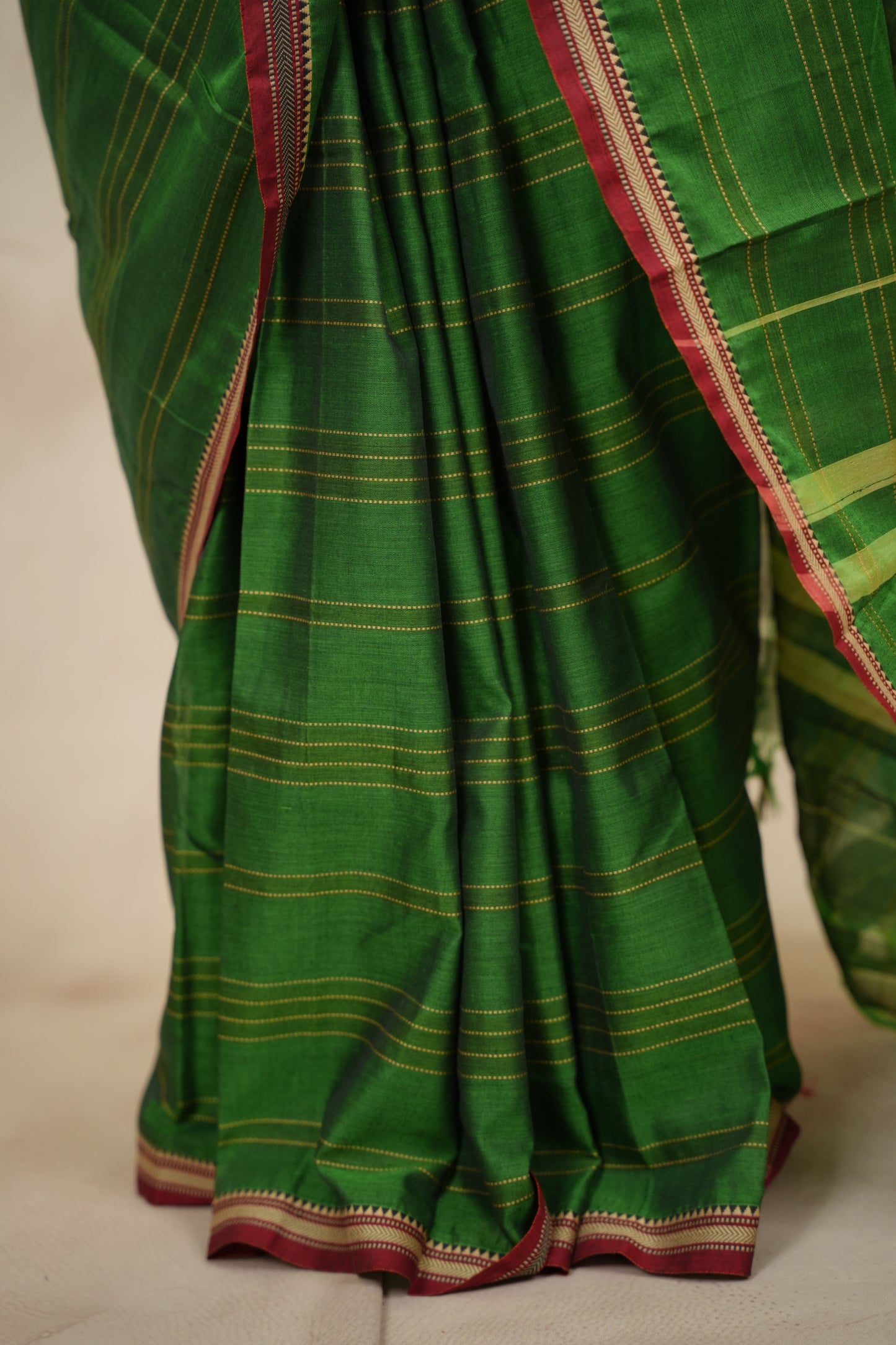 Green Narayanpet Cotton Saree lines weaving | Looms & Tassels