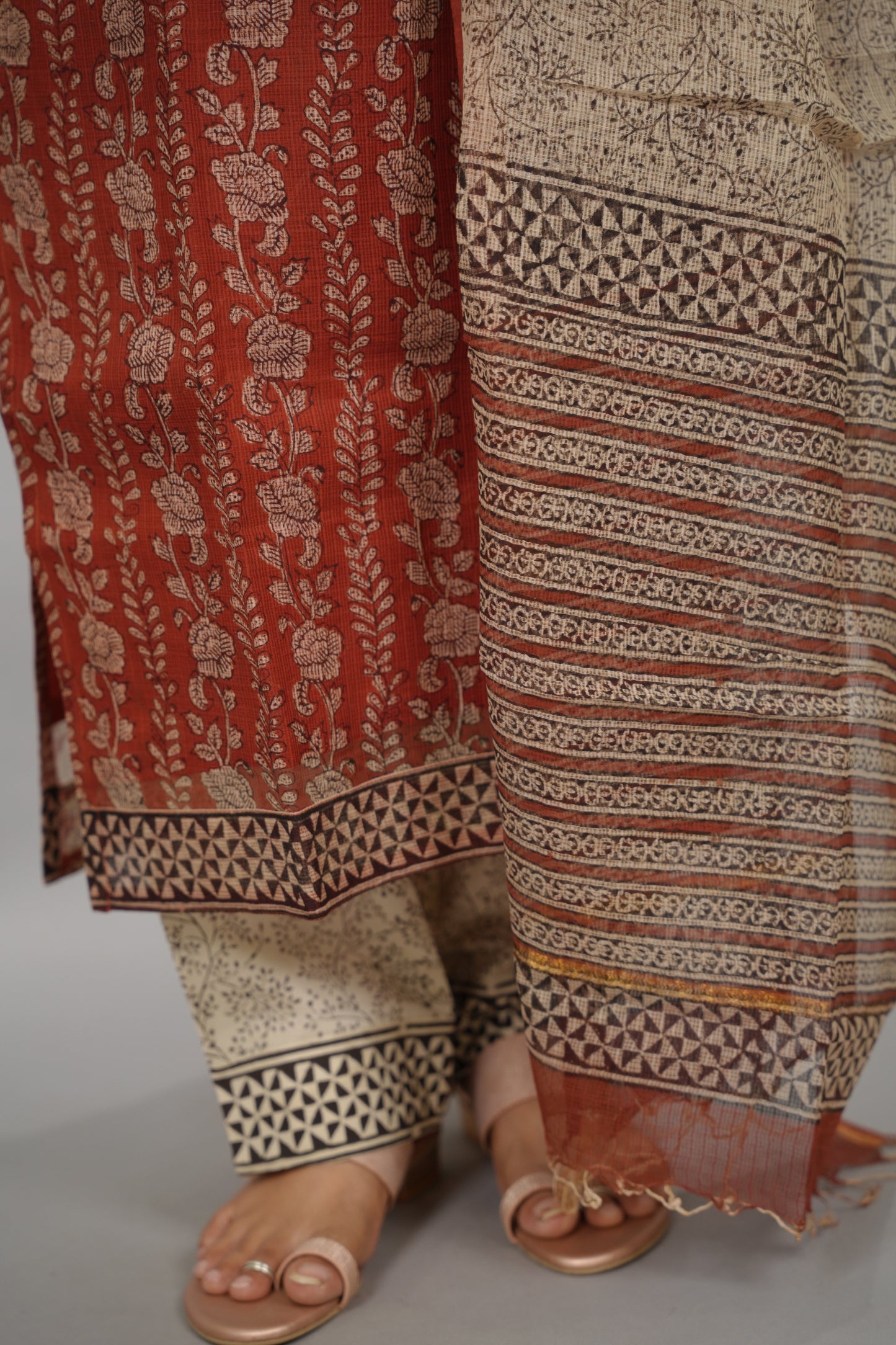 MaroonHandblock printed kota 3 piece suit (stitched)