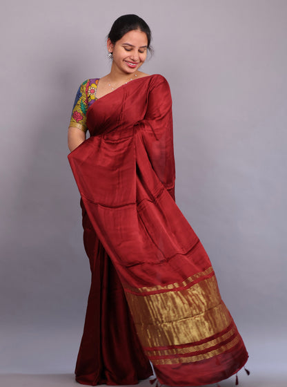 Maroon Plain Modal Silk Saree with Lagdi Pallu | Looms & Tassels