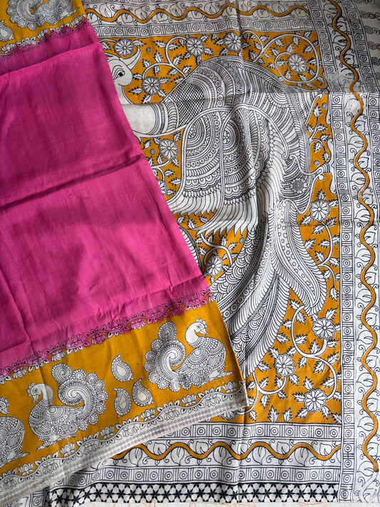 Pink & Yellow Kalamkari dyeing premium chennur silk saree