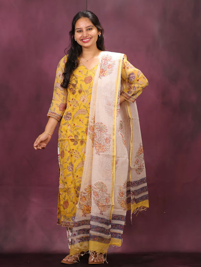 Yellow Handblock printed kota 3 piece suit (stitched)