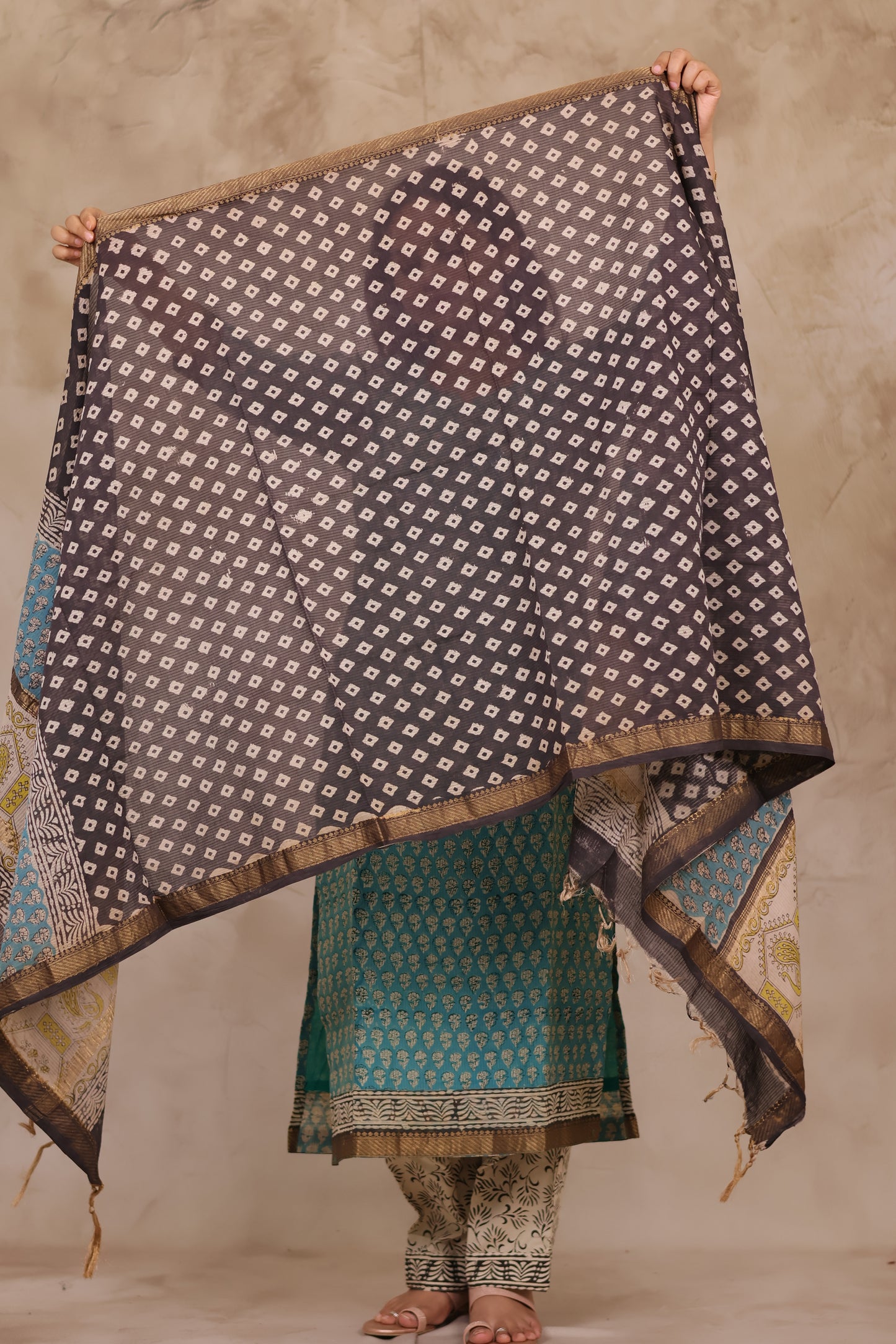 Powder Blue Handblock printed Pure Maheswari Silk 3 piece suit (stitched)