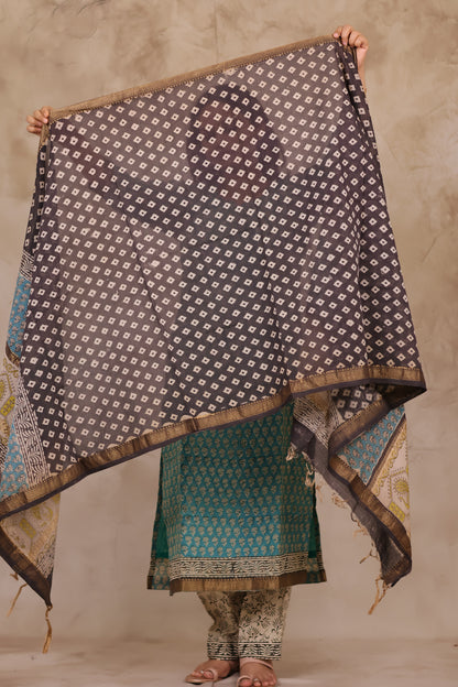 Powder Blue Handblock printed Pure Maheswari Silk 3 piece suit (stitched)