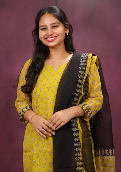 Yellow Handblock printed kota 3 piece suit (stitched)
