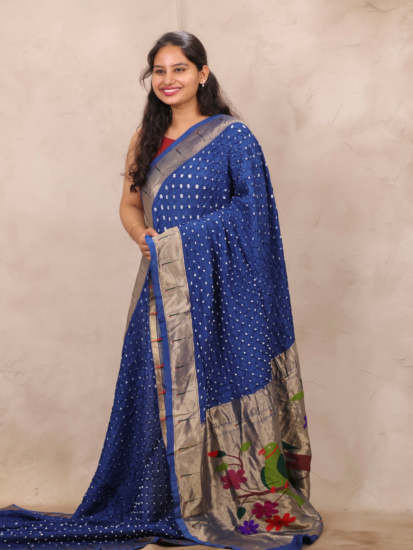 Blue Handcrafted Bandhani Paithani Dola Silk Saree | Looms & Tassels