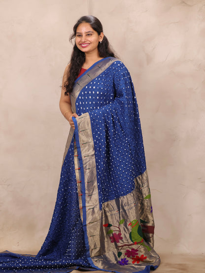 Blue Handcrafted Bandhani Paithani Dola Silk Saree | Looms & Tassels