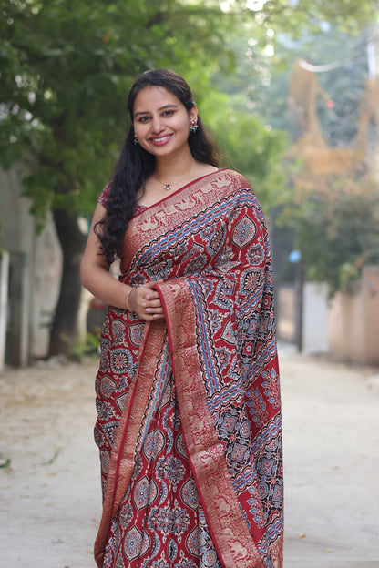 Red Traditional Badam Butta Ajrakh Handblock Printed Dola Silk Saree