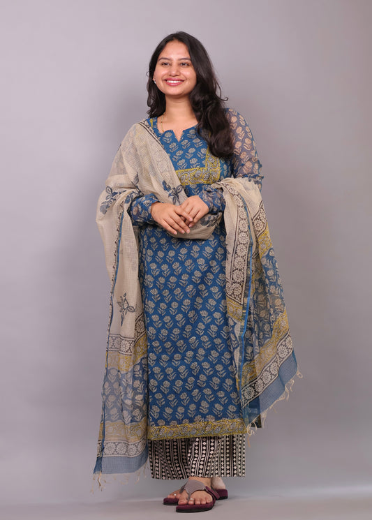 Cyan Blue Handblock printed kota 3 piece suit with chudi sleeves (stitched)
