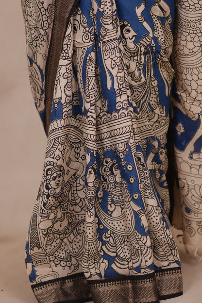 Cyan Blue Story Telling Kalamkari Nizam Border Chennur Silk Saree | Looms & Tassels