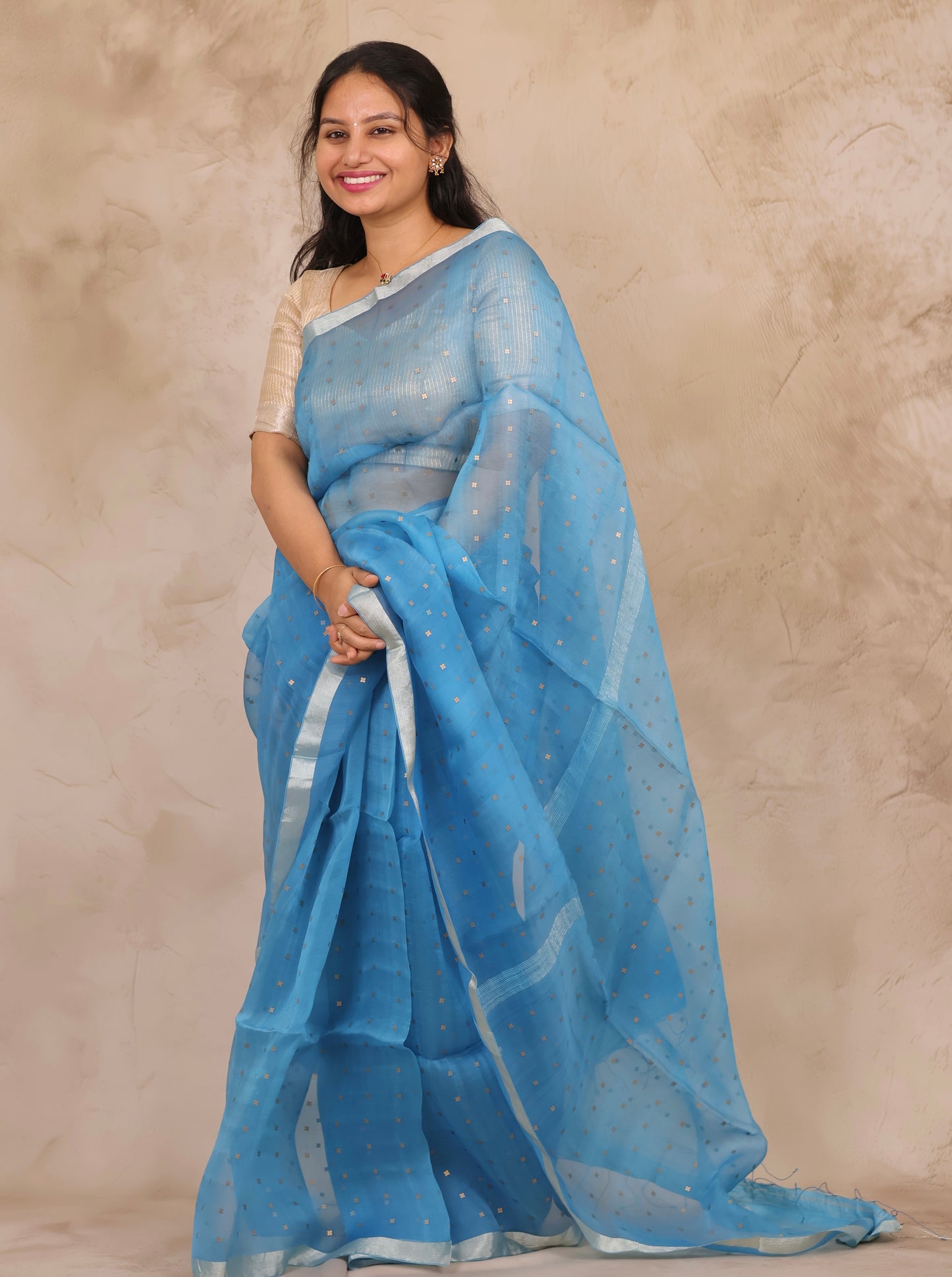 Sky Blue Handwoven Muslin Silk Saree With Sequence Work | Looms & Tassels