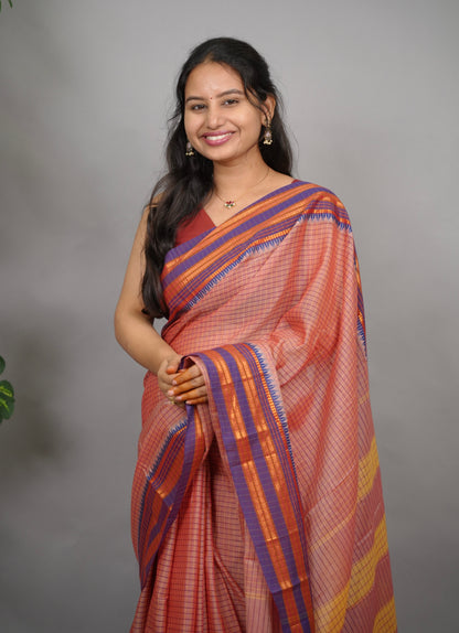 Onion Pink Checks Narayanpet Cotton Saree with Traditional contrast Border | Looms & Tassels