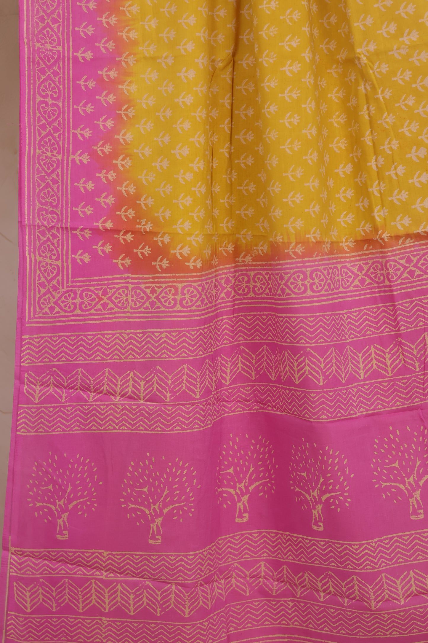Baby pink & Yellow Bagru Handblock printed MulMul cotton saree | Looms & Tassels