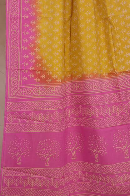 Baby pink & Yellow Bagru Handblock printed MulMul cotton saree | Looms & Tassels