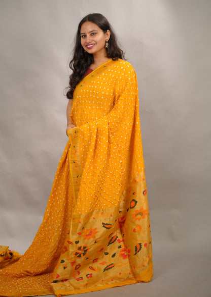 Yellow Handcrafted Bandhani Paithani Dola Silk Saree | Looms & Tassels
