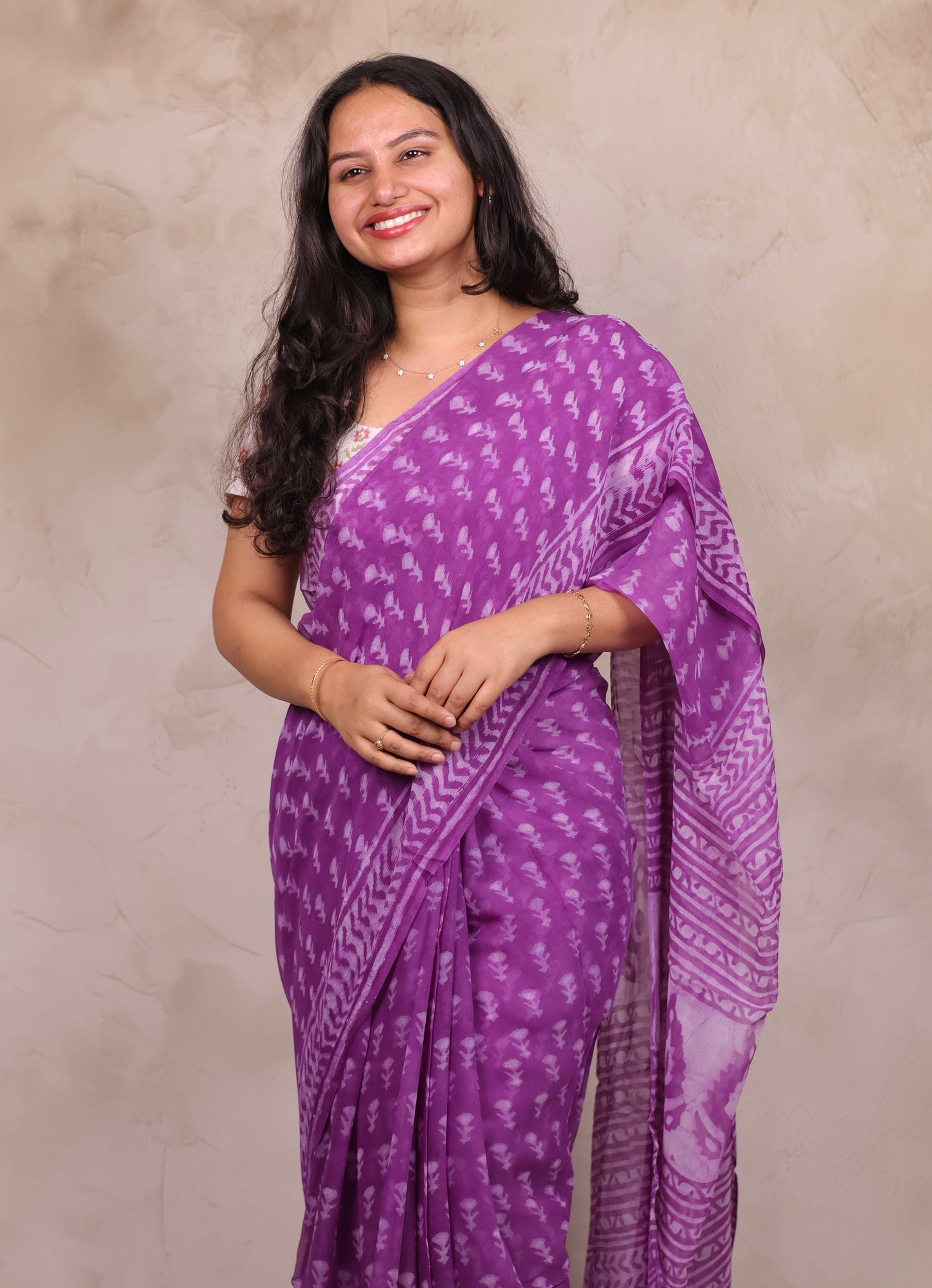 Purple Chiffon Hand Block Printed Saree | Looms & Tassels