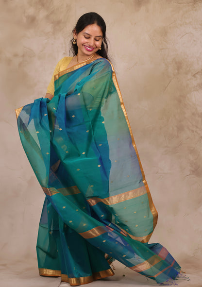 Dual Shade Green & Blue Handloom Maheswari Silk Cotton Sarees | Looms & Tassels