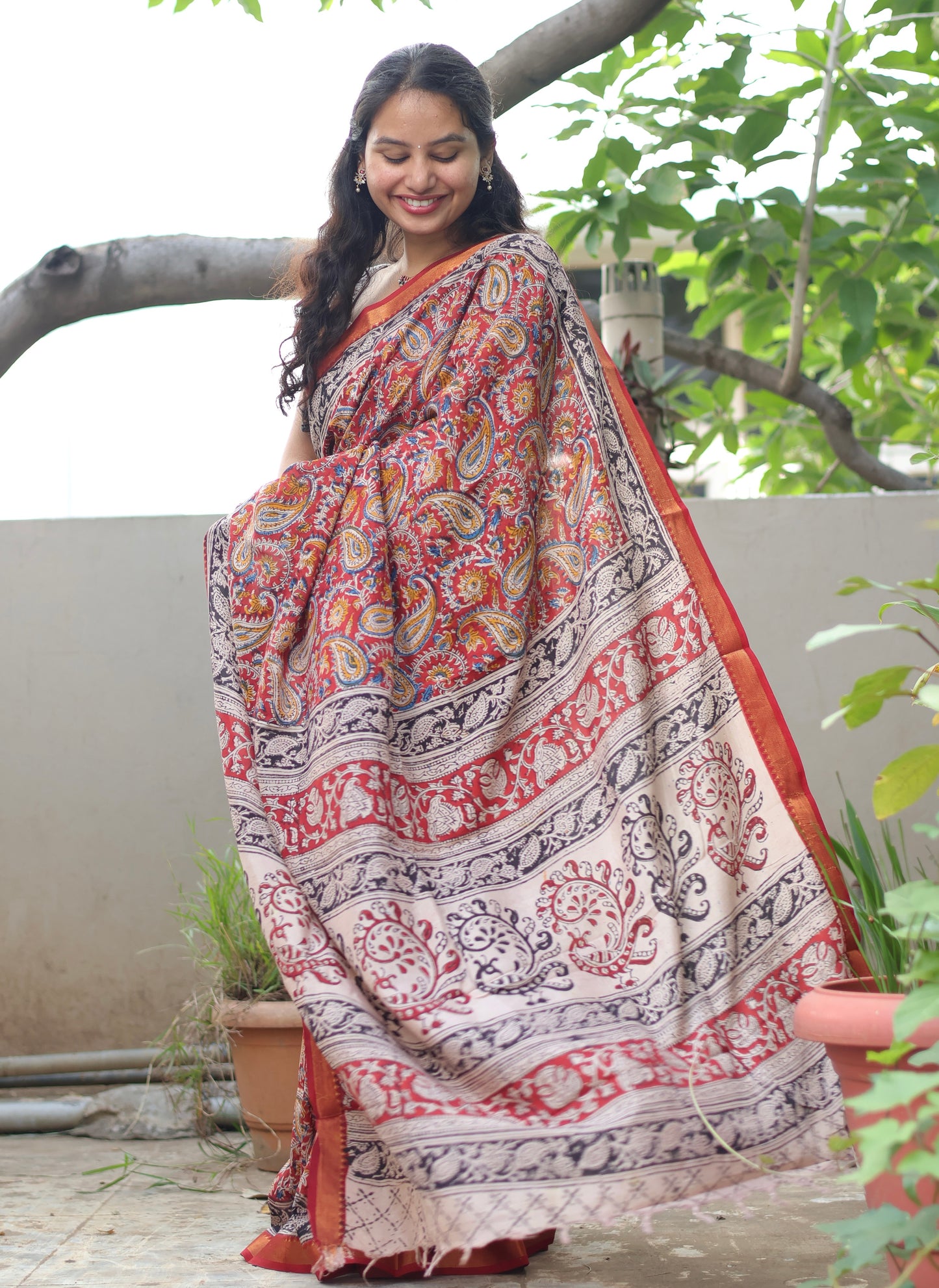 Red Hand Block Printed Kalamkari Nizam Border Silk Sare