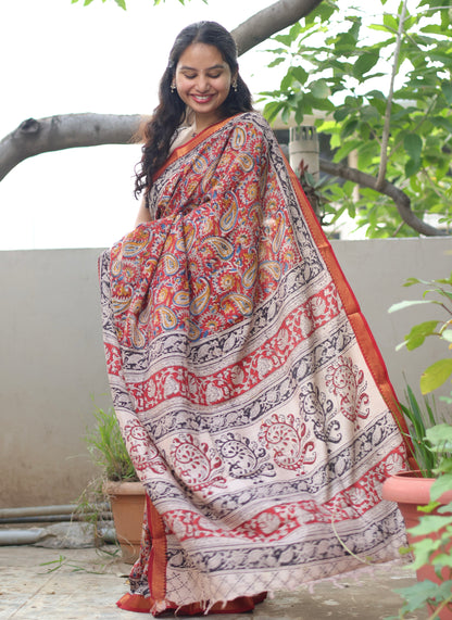 Red Hand Block Printed Kalamkari Nizam Border Silk Sare