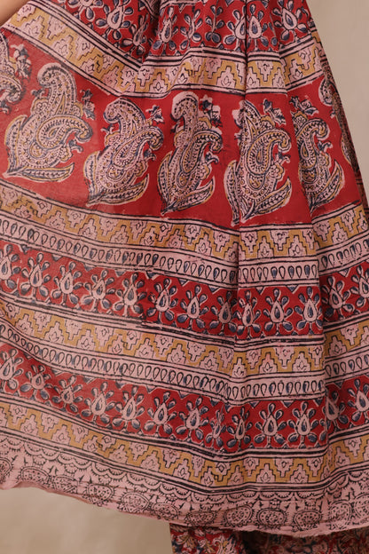 Red Hand Block Printed Kalamkari Cotton Saree | Looms & Tassels