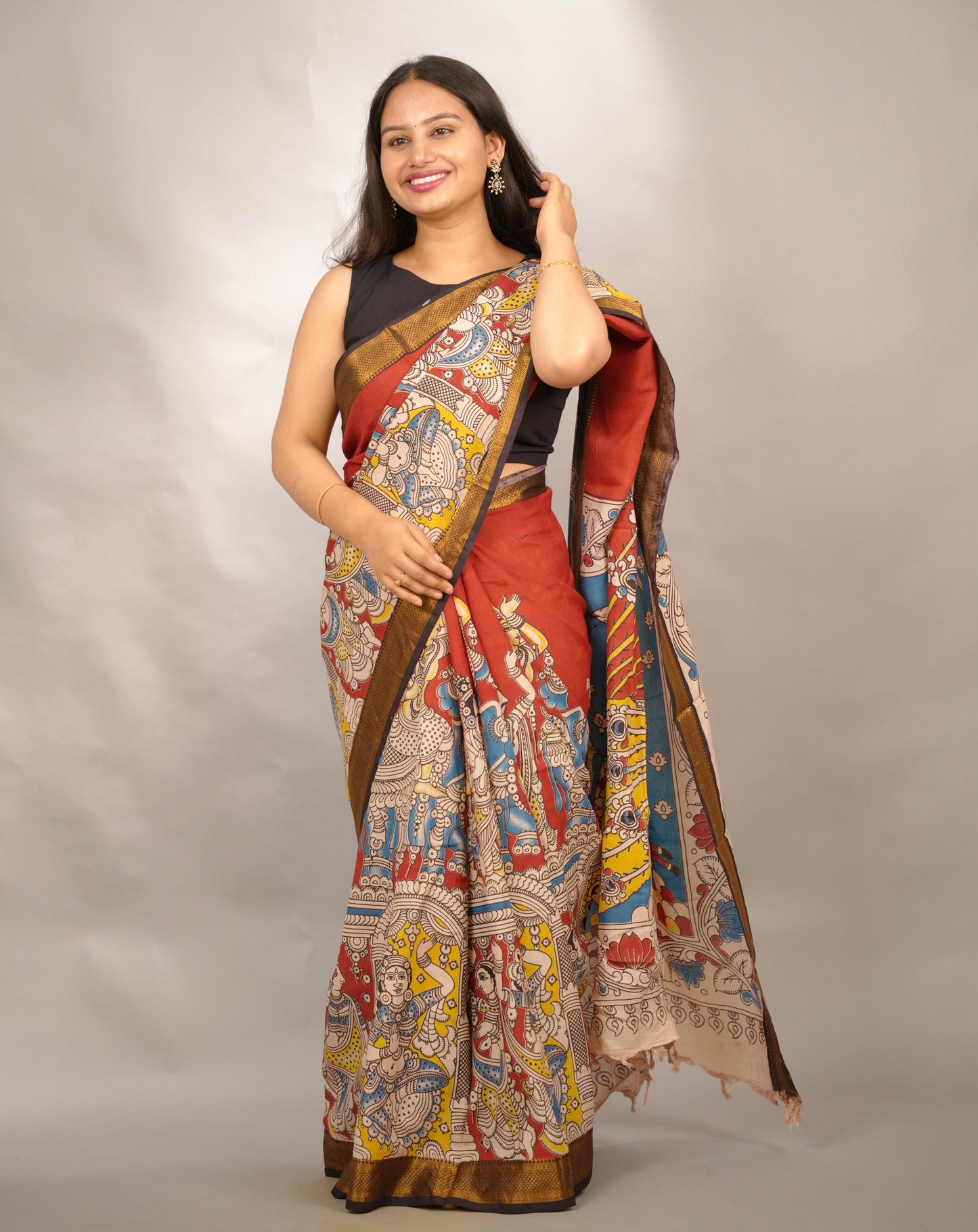 Maroon Kalamkari Nizam Border Chennur Silk Saree | Looms & Tassels