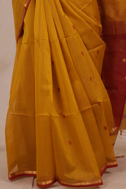 Mustard Handloom Maheswari Silk Cotton Sarees | Looms & Tassels