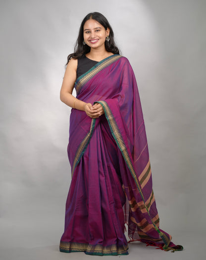 Purple Narayanpet Cotton Saree With Temple Border | Looms & Tassels