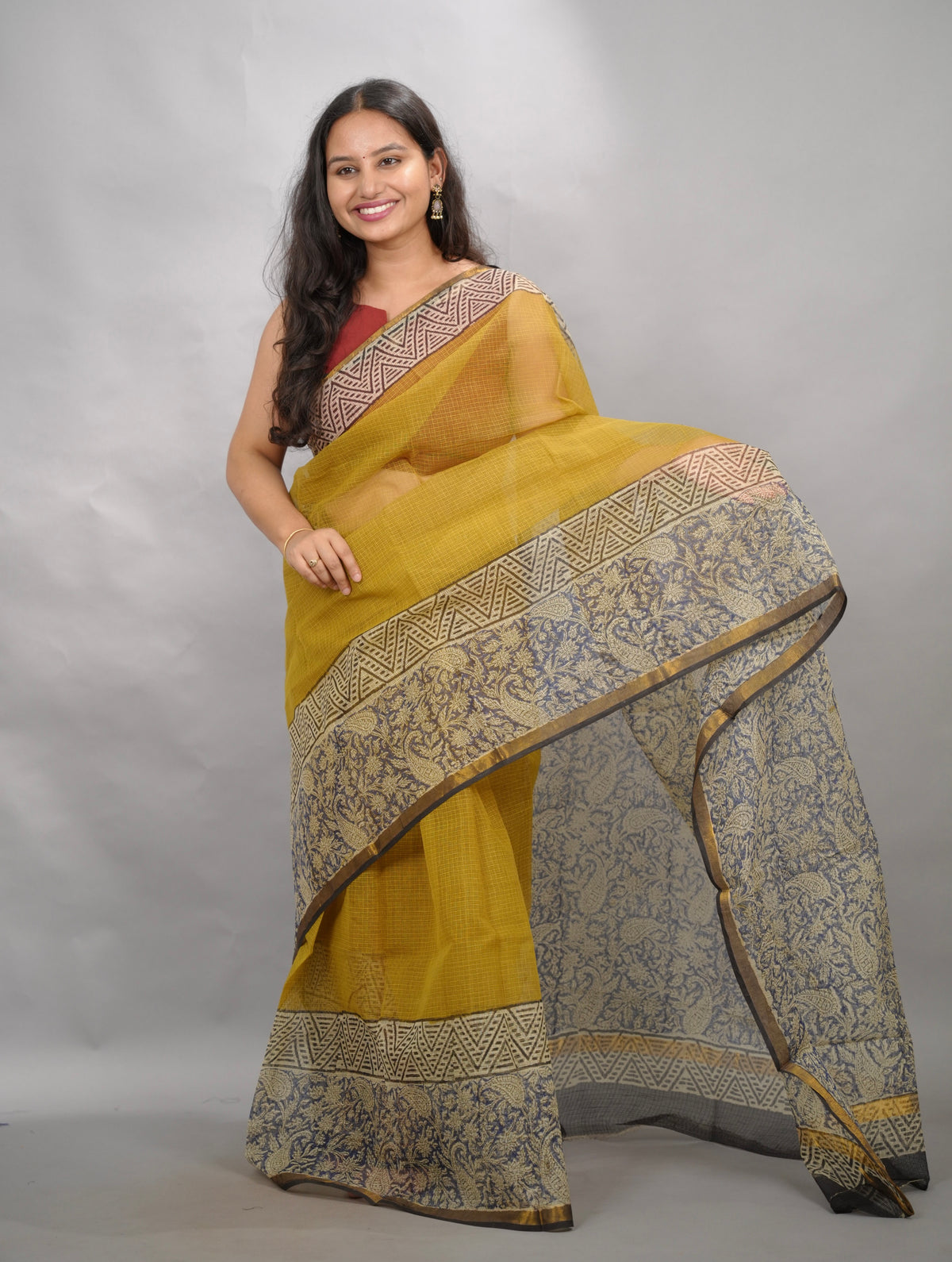 Yellow Pure Kota Doria Saree with Bagru Handblock Prints | Looms & Tassels