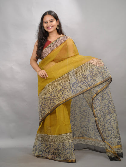 Yellow Pure Kota Doria Saree with Bagru Handblock Prints | Looms & Tassels