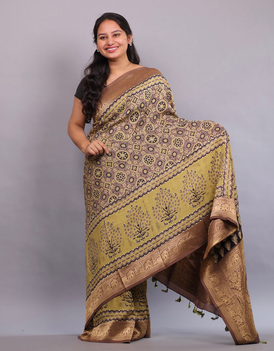 Olive Green Geometrical Authentic Ajrakh Hand Block printed  Dola Silk Saree | Looms & tassels