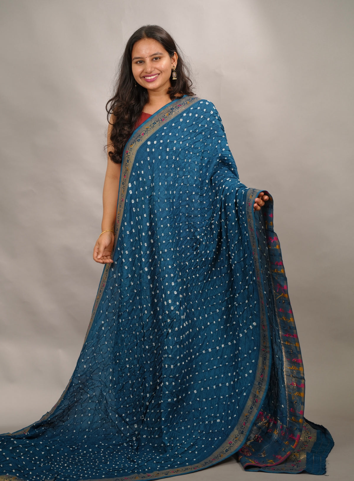 Cyan Blue Handcrafted Bandhani Paithani Dola Silk Saree | Looms & Tassels