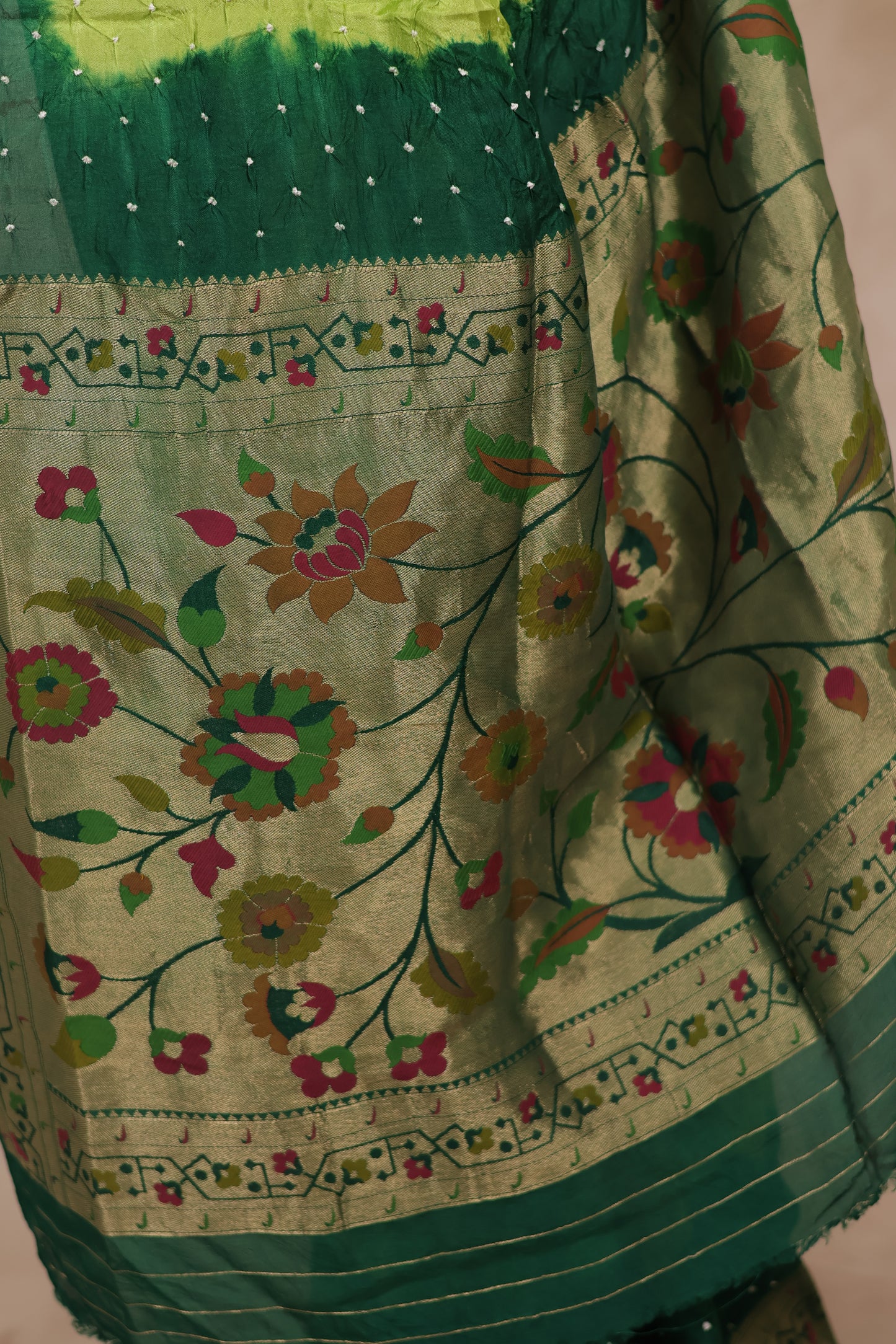 Dual Shade Green Handcrafted Bandhani Paithani Dola Silk Saree | Looms & Tassels