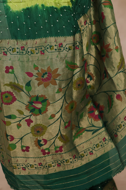 Dual Shade Green Handcrafted Bandhani Paithani Dola Silk Saree | Looms & Tassels