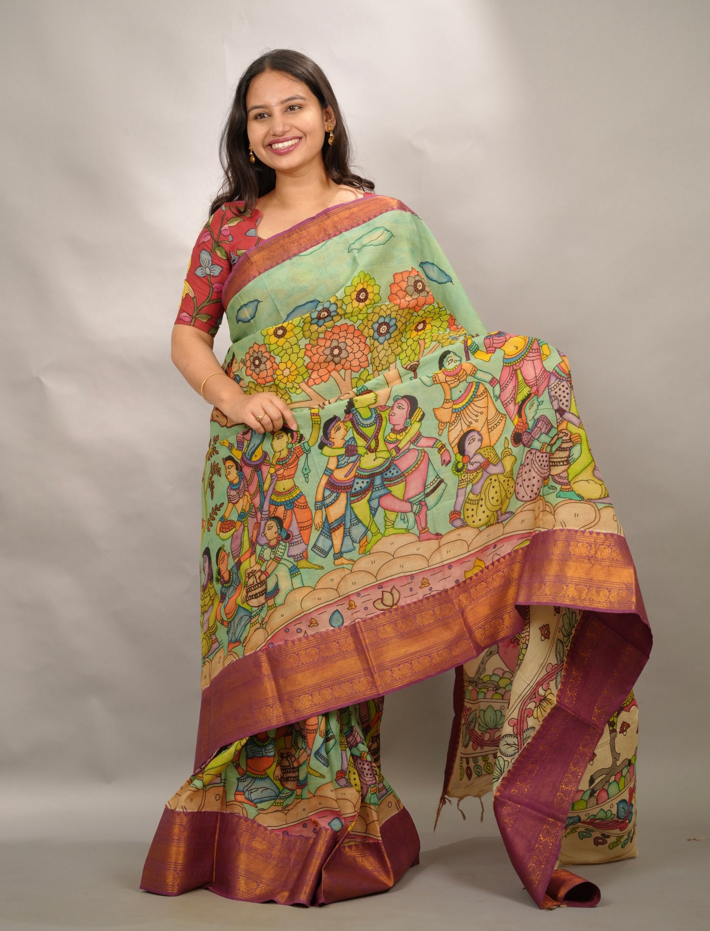 Pista Green Hand Drawn Pen Kalamkari Bangalore Silk Kanchi Border Saree | Looms & Tassels