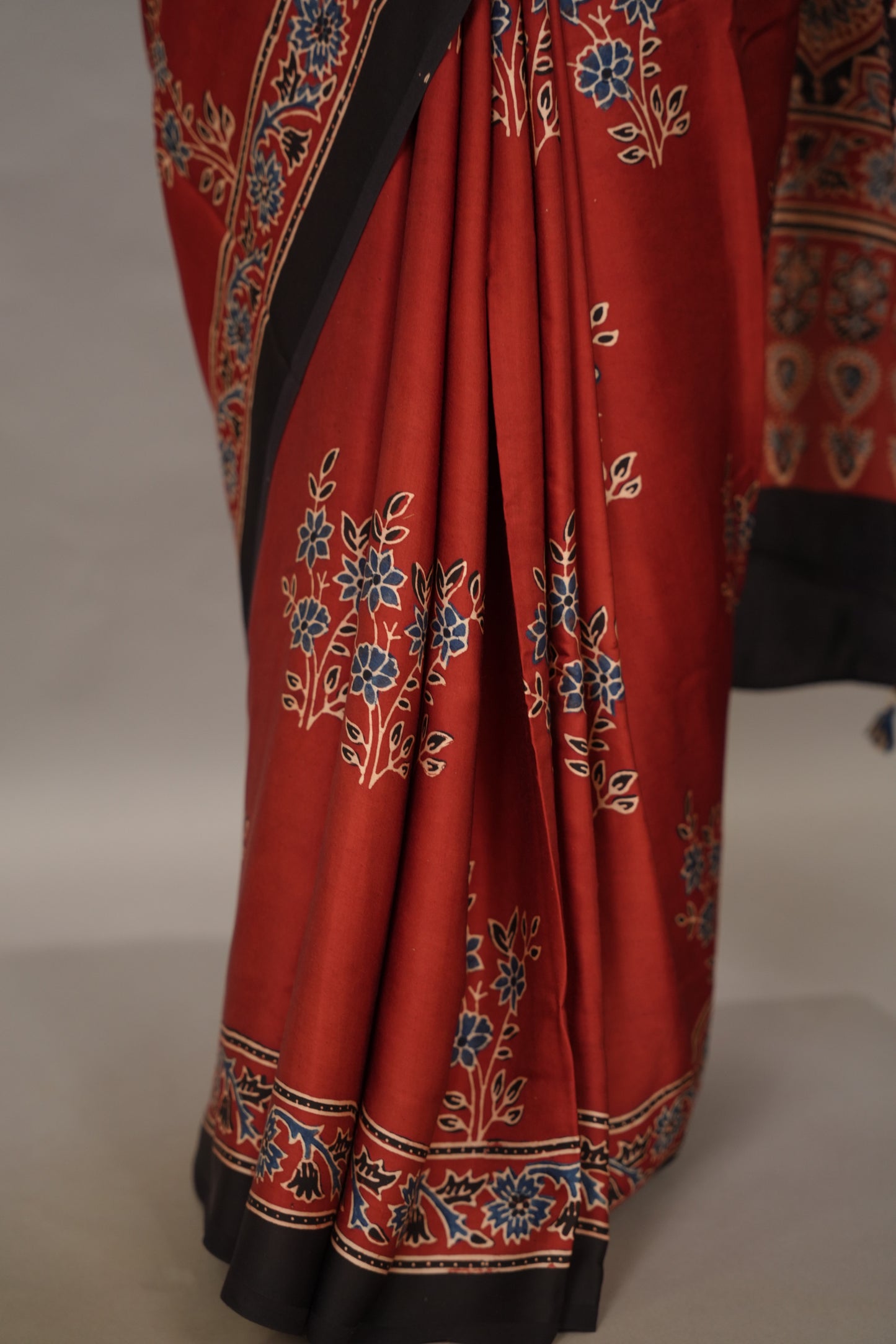 Maroon Authentic Ajrakh Handblock Printed Modal Silk Saree | Looms & Tassels