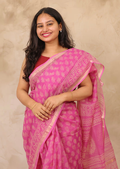 Pink Pure Kota Doria Saree with Bagru Handblock Prints | Looms & Tassels