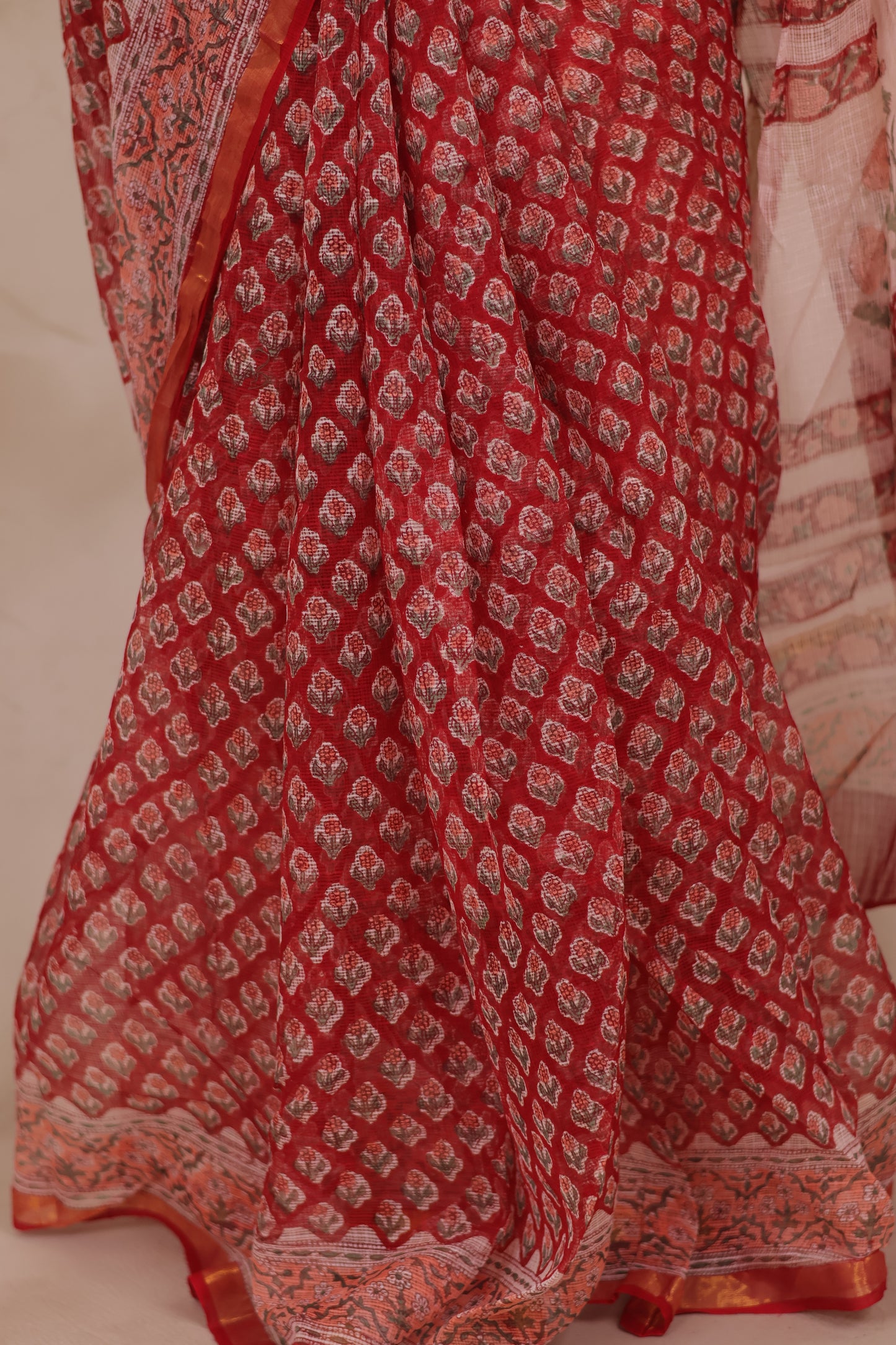 Red Pure Kota Doria Saree with Bagru Handblock Prints | Looms & Tassels