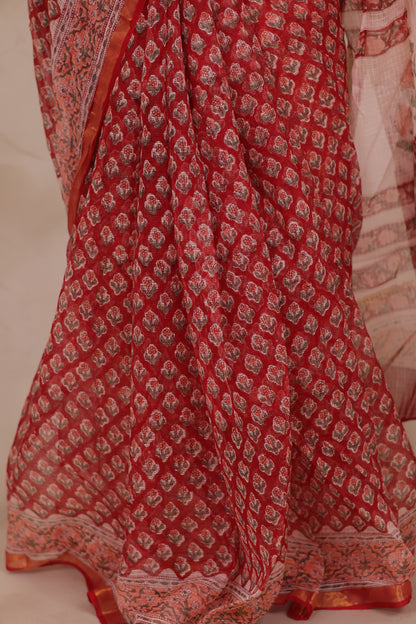 Red Pure Kota Doria Saree with Bagru Handblock Prints | Looms & Tassels
