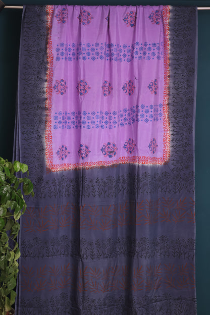 Lavender Hand dyeing premium chennur silk with block prints saree