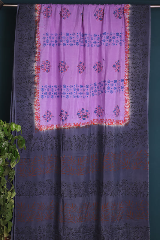 Lavender Hand dyeing premium chennur silk with block prints saree