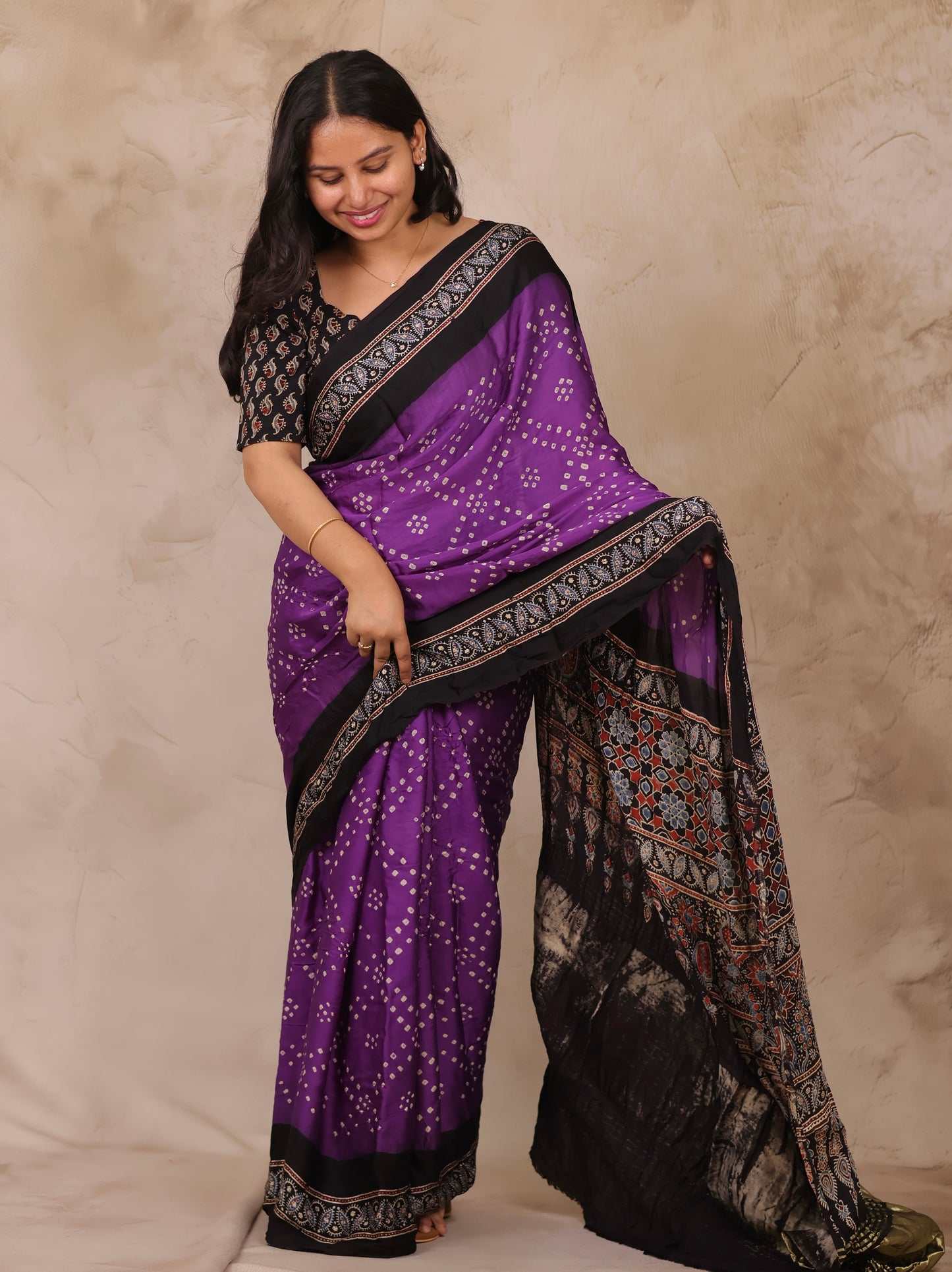 Violet Hand Knotted Bandhej Arakh Modal Silk Saree with Lagdi Pallu | Looms & Tassels