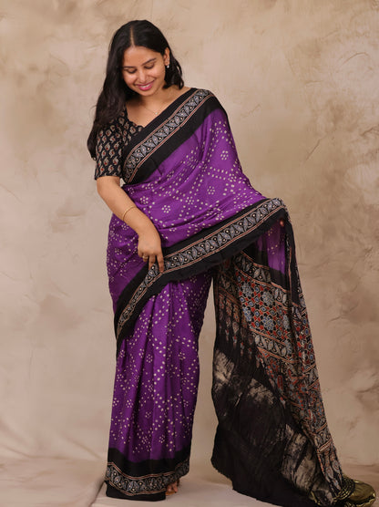 Violet Hand Knotted Bandhej Arakh Modal Silk Saree with Lagdi Pallu | Looms & Tassels