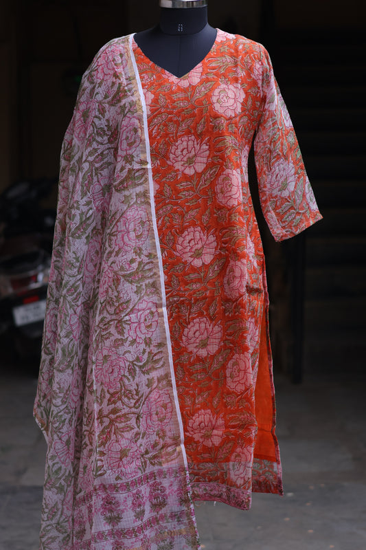 Orange Handblock printed kota 3 piece suit (stitched)