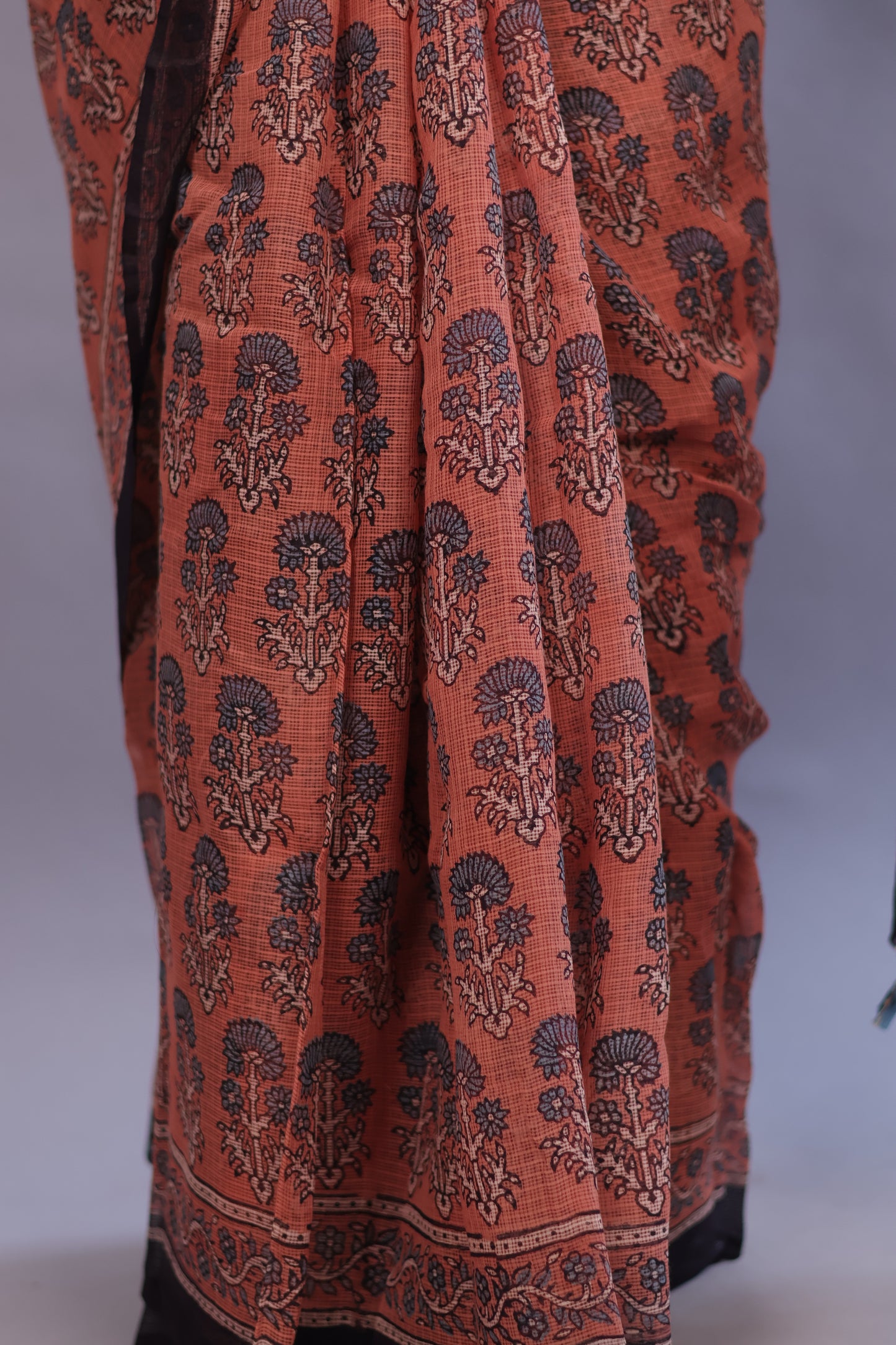 Rust Orange Ajrakh Hand Block Printed Kota Doria Saree | Looms & Tassels