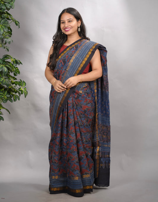 Indigo Ajrakh Hand Block Printed Sungudi Cotton Saree | Looms & Tassels