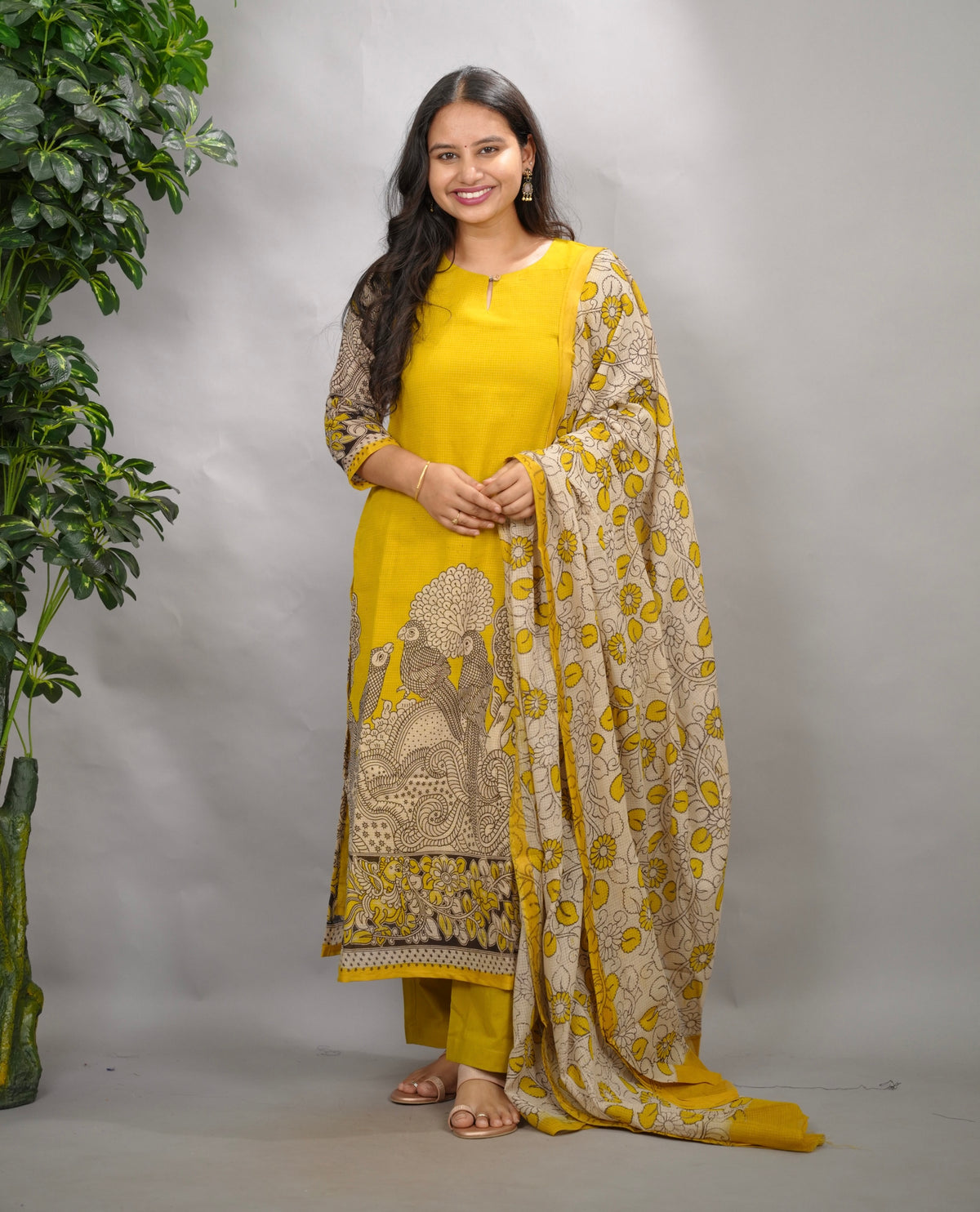 Yellow Kalamkari Kota Cotton 3 piece suit (stitched) | Looms & Tassels