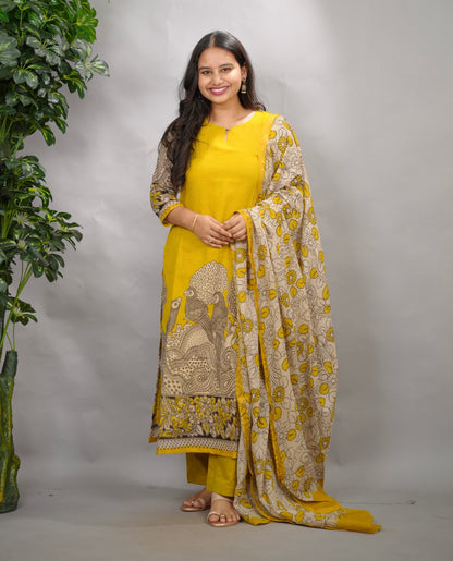 Yellow Kalamkari Kota Cotton 3 piece suit (stitched) | Looms & Tassels