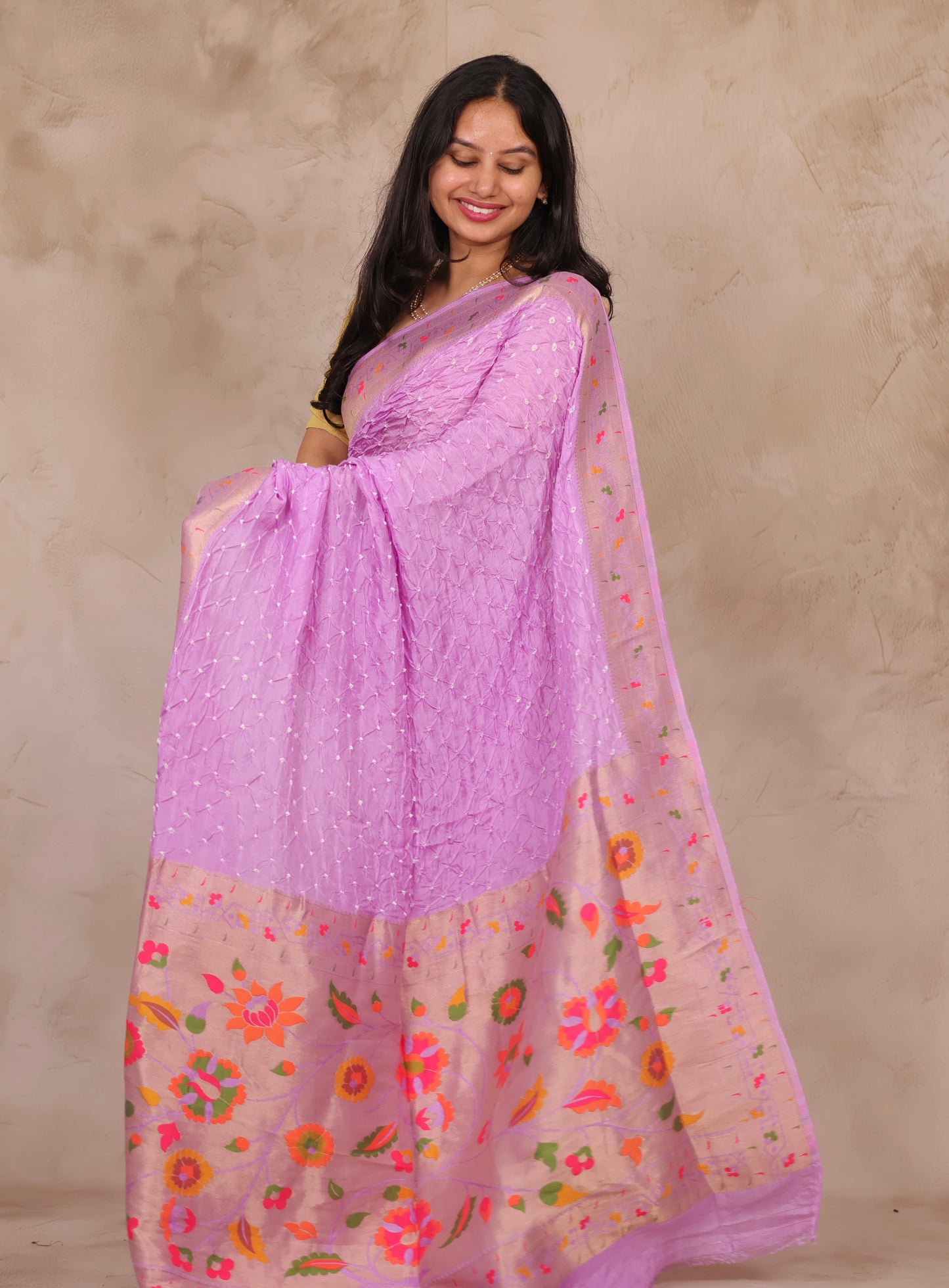 Orchid Pink Handcrafted Bandhani Paithani Dola Silk Saree | Looms & Tassels
